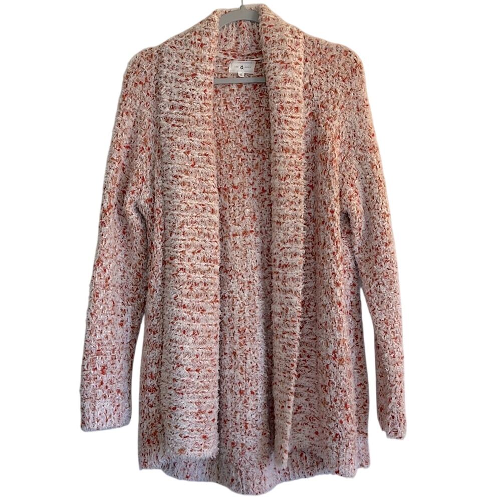 Lou & Grey Textured Fuzzy Knit Oversized Cardigan Sweater Size XS White Orange
